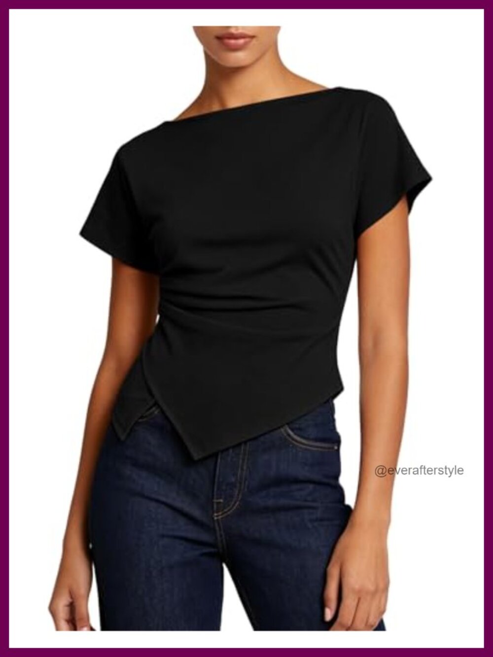 Women's Asymmetrical Short Sleeve Boat Neck Blended Top